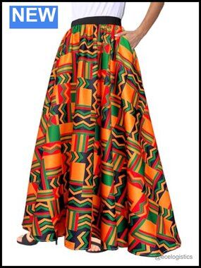 African Ankara Maxi Skirt with Pockets Dashiki Full Circle Long